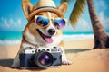 Dog with a camera on the beach. Created with generative Ai technology. Royalty Free Stock Photo