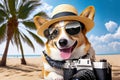 Dog with a camera on the beach. Created with generative Ai technology. Royalty Free Stock Photo