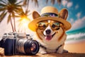 Dog with a camera on the beach. Created with generative Ai technology. Royalty Free Stock Photo
