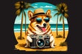 Dog with a camera on the beach. Created with generative Ai technology. Royalty Free Stock Photo