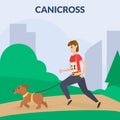 Dog canicross. A woman training dog. Cynology. Flat vector.