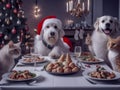 Dog with cap is waiting for christmas presents at the table. AI generated. Illustration.