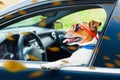 Dog car  steering wheel Royalty Free Stock Photo