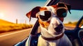 Dog in car wearing sunglasses and collar looking out the window. Generative AI Royalty Free Stock Photo