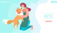 Dog care, happy woman with pet, cute animals and people, website design vector illustration