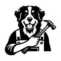 Dog Carpenter Holding Hammer Smiling Black and White Royalty Free Stock Photo