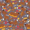 Dog cartoon character in seamless pattern, vector illustration. Playful puppies in different poses, happy dog. Wrapping