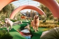 dog and cat architects designing futuristic park with greenery, water features, and playground equipment