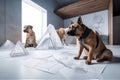 dog and cat architects drawing blueprints for angular futuristic building