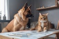 dog and cat architects drawing blueprints on drafting table