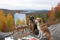 dog and cat artists painting serene landscape, with the scenery stretching out behind them