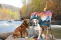 dog and cat artists painting watercolor landscapes together