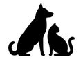 Dog and cat black profile silhouette. Pets sit together, side view isolated on white background. Design for veterinary