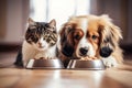 A dog and a cat are both eating contently out of a bowl placed on the ground Royalty Free Stock Photo