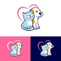 Dog And Cat Logo, Pets Siting With Heart Shape Background. Love Pets Symbol For Pet Store, Veterinary, Animal Shelter,