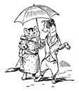 Dog & Cat Dressed With Umbrella, Vintage Illustration
