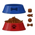 Dog or cat dry food bowl. Bone and fish shaped crisps. Red and blue pet bowl with dry food. Flat style vector Royalty Free Stock Photo