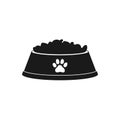 Dog or cat dry food bowl icon. Black pet bowl with dry food crisps. Flat style vector illustration isolated on white