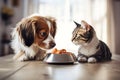 A dog and a cat are eating food out of a bowl together Royalty Free Stock Photo