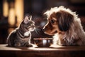 A dog and a cat are eating food together from a shared bowl Royalty Free Stock Photo