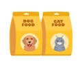 Dog or cat food packs. Packages of dry canine and feline food. Pet shop, domestic animal, care concept. Vector illustration