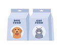 Dog or cat food packs. Packages of dry canine and feline food. Pet shop, domestic animal, care concept. Vector illustration