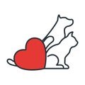 Dog and Cat with Heart Icon. Concept for Healthcare Medicine and Pet Care. Outline and Black Domestic Animal. Pets Symbol, Icon