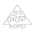 Dog cat in a house, drawn vector pet shelter, logo