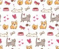 Dog and cat kawaii seamless background