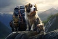 dog, cat and kitten sitting on rock against mountain backdrop next to hiking backpack Traveling with pets or relocating Royalty Free Stock Photo