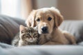 A dog and a cat laying on a couch. AI generative image