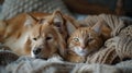 a dog and a cat are laying next to each other on a bed Royalty Free Stock Photo