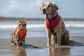 dog and cat lifeguards having a race to see who can reach the end of beach first