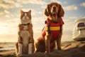 Dog and Cat Lifeguards Patrolling the Beach Together. Generative By Ai