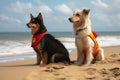 dog and cat lifeguards patrolling the beach together, keeping watch over their respective flocks