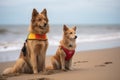 dog and cat lifeguards patrolling the beach together, keeping watch over their respective flocks