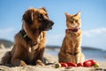 dog and cat lifeguards sharing snack on the beach