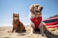 dog and cat lifeguards taking a break on sun-drenched beach