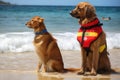 dog and cat lifeguards watching over children swimming in the clear waters of the beach