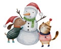 Dog and cat are molding a snowman . Watercolor paint cartoon characters . White isolate background . X-mas scene set 5 of 10 . Royalty Free Stock Photo