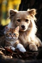 A dog and a cat are pals, sitting next to each other against the backdrop of autumn nature.