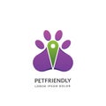 Dog or cat paw and map pin vector logo sign or emblem design template. Pet shop, center or pet friendly place concept