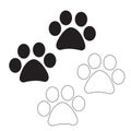 Dog and cat paws symbols in black filled and outline style. Paw silhouette icon