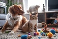 a dog and cat playing together in a living room, with toys scattered around Royalty Free Stock Photo