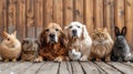 A dog, a cat, a rabbit, a guinea pig, a chinchilla and an iguana sit in a row and look at the camera Royalty Free Stock Photo