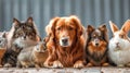 A dog, a cat, a rabbit, a guinea pig, a chinchilla and an iguana sit in a row and look at the camera Royalty Free Stock Photo