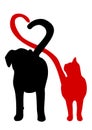 Dog and cat silhouette making a heart in the tail