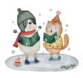 Dog and cat are singing a christmas carol on snowfield . Watercolor paint cartoon characters . White isolate background . X-mas