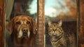 Serene Dog and Cat Together, Looking Through a Window, in a Warm Home Setting. Perfect for Pet Enthusiasts. AI Royalty Free Stock Photo