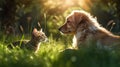 Dog and cat sitting in green grass outdoors Royalty Free Stock Photo